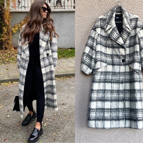 ZARA Black & White Plaid Brushed Wool Oversized Long Wool Coat - Picture 13 of 14